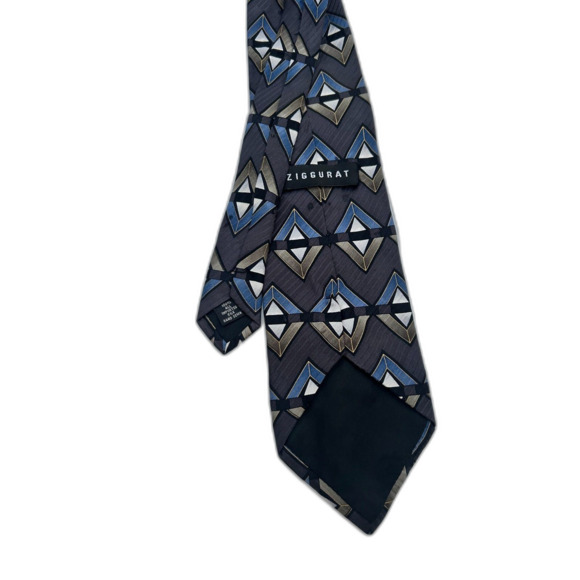 Ziggurat Diamond-patterned Dark Gray, Blue, White Men's 100% Silk Tie - Picture 2 of 2